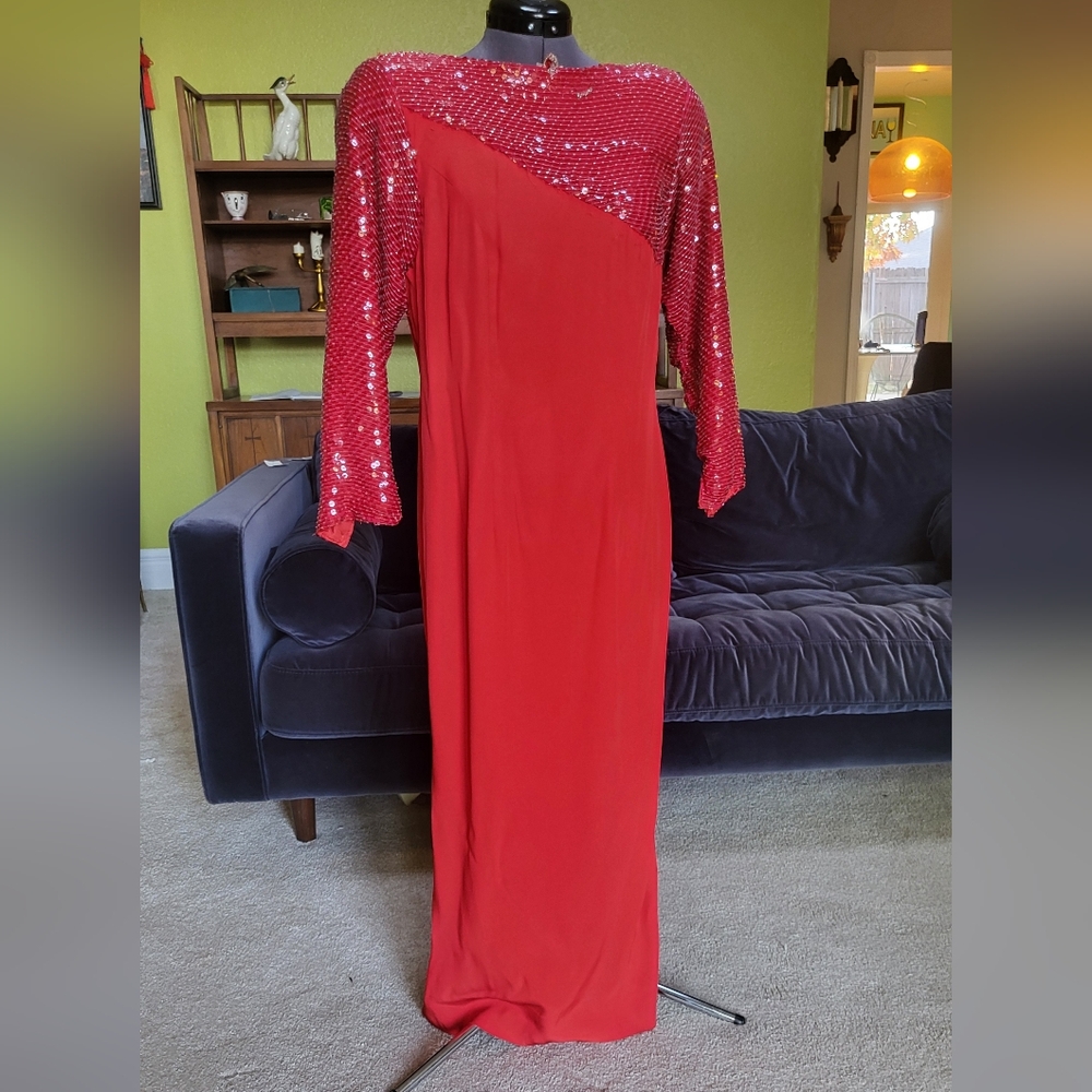 1980s Couture Red Sequin Evening Gown